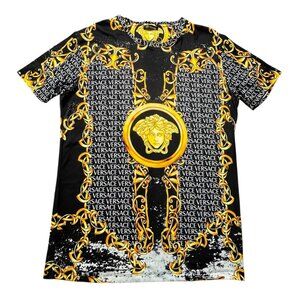 Versace Barocco T-Shirt Mens Large Black & Gold Long Medusa AOP Italy Made